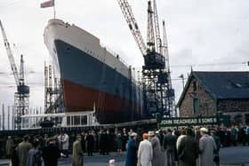 The launch of the refrigerated cargo ship ‘Turkistan’ at Readheads shipyard, South Shields, 12 September 1962.