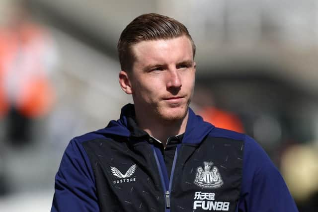 Matt Targett of Newcastle United arrives at the stadium prior to the Premier League match between Newcastle United and Liverpool at St. James Park on April 30, 2022 in Newcastle upon Tyne, England. (Photo by Ian MacNicol/Getty Images)