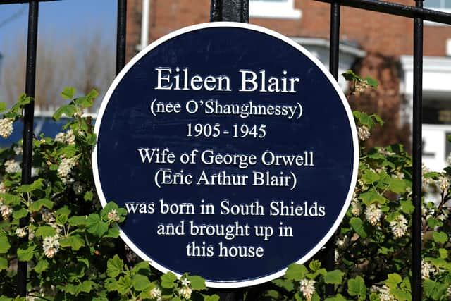 Mayor of South Tyneside Cllr Pat Hay and Mayoress Mrs Jean Copp unveil a Blue Plaque honouring Eileen Blair, at Westgate House, Beach Road, South Shields, with Orwell Society's Quentin Kopp and Richard Blair.