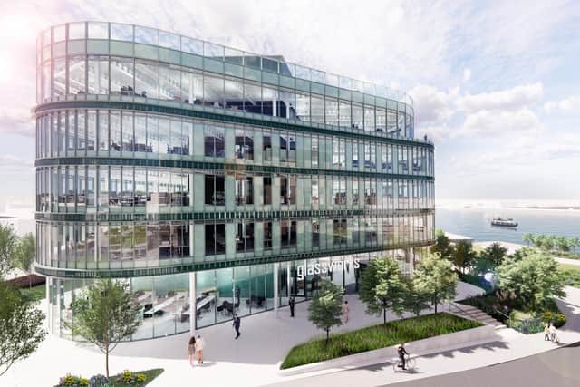 The distinctive glass building would create new office space in the town.