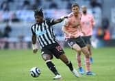 Allan Saint-Maximin of Newcastle United controls the ball during the Premier League match between Newcastle United and Sheffield United at St. James Park on May 19, 2021 in Newcastle upon Tyne, England.