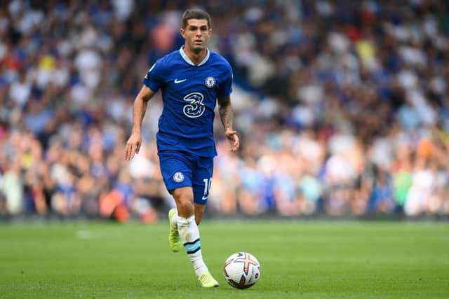 Christian Pulisic of Chelsea in action during the Premier League match between Chelsea FC and West Ham United at Stamford Bridge on September 03, 2022 in London, England. (Photo by Mike Hewitt/Getty Images)