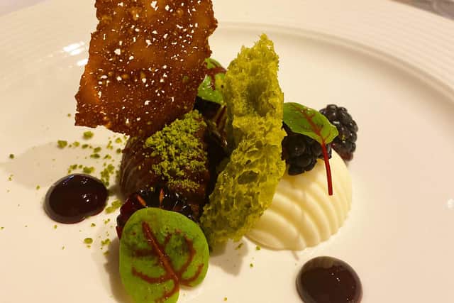 Course 7: a Manjari chocolate mousse with yoghurt, bramble and pistachio