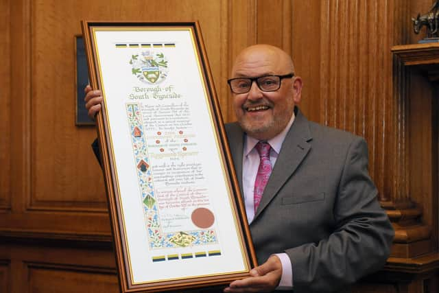 Ray Spencer MBE receives the Freedom of the Borough of South Tyneside, from Mayor Cllr Pat Hay, at South Shields Town Hall.