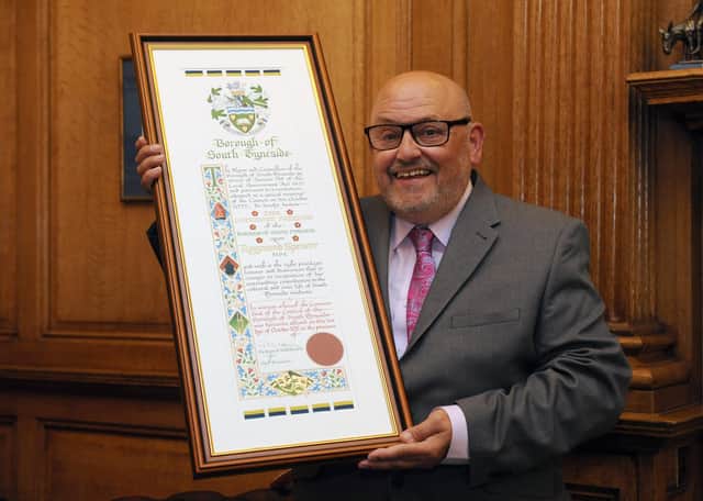 Ray Spencer MBE receives the Freedom of the Borough of South Tyneside, from Mayor Cllr Pat Hay, at South Shields Town Hall.