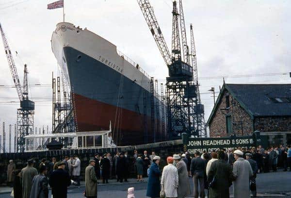 The launch of the refrigerated cargo ship ‘Turkistan’ at Readheads shipyard, South Shields, 12 September 1962. 35mm slide by Ronald Sanderson of South Shields.