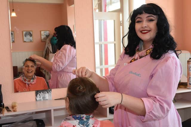 Anne Main, Beamish Museum Engager has her hair done "1950's style" by hairdresser Abby Nicholson in the 1950's hairdressing salon "Elizabeths" now open at Beamish.