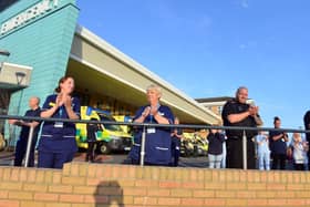 NHS staff take part in the Clap For Our Carers at Sunderland Royal Hospital. The health service is due to lead another applause for all those who have supported the NHS through recent months.