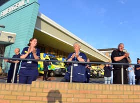 NHS staff take part in the Clap For Our Carers at Sunderland Royal Hospital. The health service is due to lead another applause for all those who have supported the NHS through recent months.