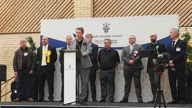 Kate Osborne addresses the Jarrow count on Friday morning after holding the seat for Labour.