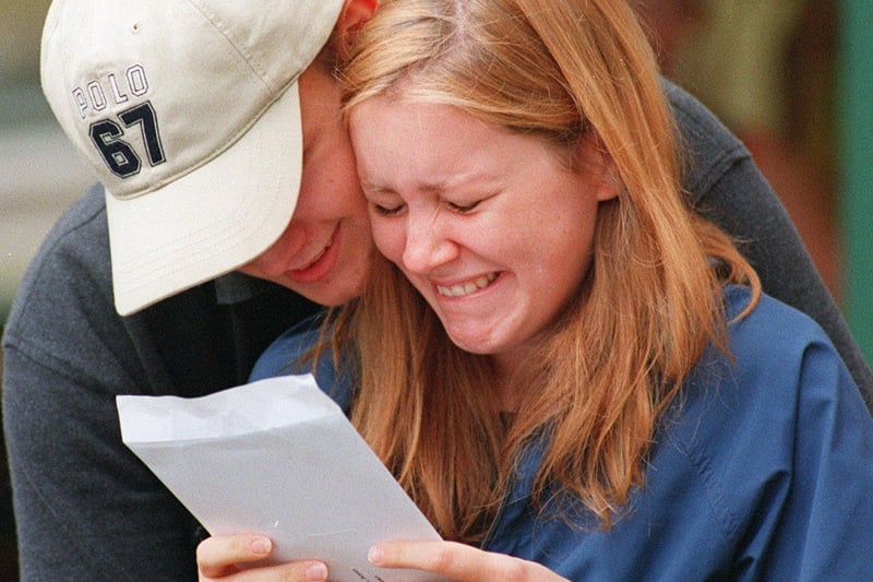 Notra Dame school Sheffield Boy friend David Pinder gave a congratulatory hug to Jenny Heyes as she first read her results in 2001