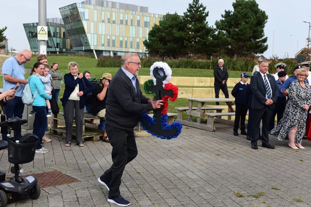 An anchor shaped wreath being laid at the Merchant Navy day at South Shields on Saturday.