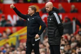 Manchester United manager Erik Ten Hag and Newcastle United head coach Eddie Howe at Old Trafford last October. 