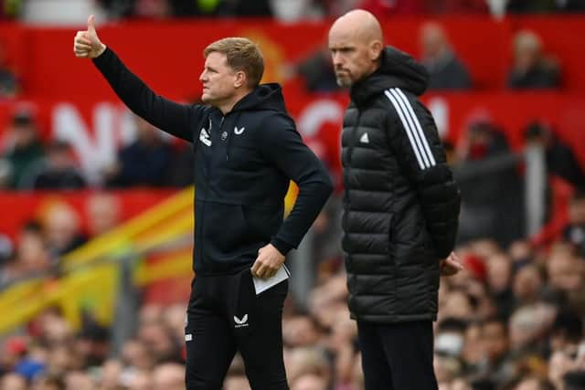 Manchester United manager Erik Ten Hag and Newcastle United head coach Eddie Howe at Old Trafford in October.