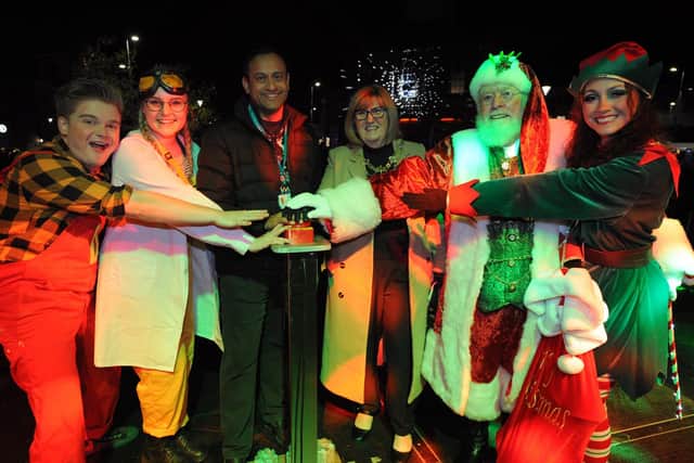 The Mayoress Mrs Jean Copp is joined by Local Hero Dr Mickey Jachuck, Dennis and Achoo, Santa and his Elf at the South Shields Christmas Light Switch-on, Market Place, South Shields.