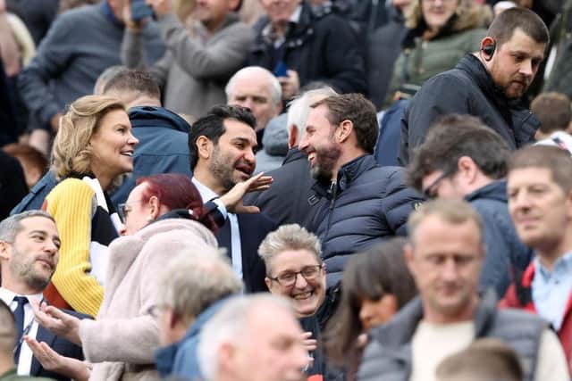 Newcastle United co-owners Amanda Staveley and Mehrdad Ghodoussi speak to England manager Gareth Southgate before the Aston Villa game.