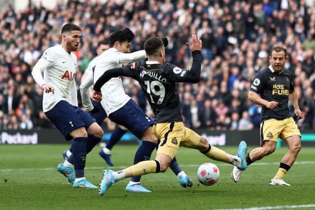 Heung-Min Son of Tottenham Hotspur scores their side's third goal during the Premier League match between Tottenham Hotspur and Newcastle United at Tottenham Hotspur Stadium on April 03, 2022 in London, England. (Photo by Ryan Pierse/Getty Images)