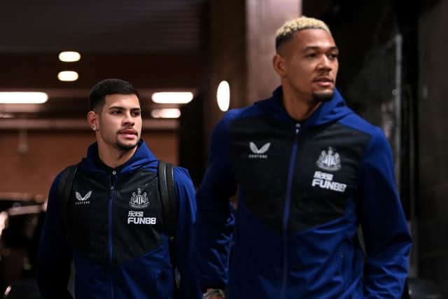 Bruno Guimaraes of Newcastle United arrives at the stadium prior to the Premier League match between Newcastle United and Everton at St. James Park on February 08, 2022 in Newcastle upon Tyne, England. (Photo by Stu Forster/Getty Images)