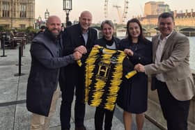 Jarrow MP Kate Osborne, centre, with Minister for Sport Stephanie Peacock and representatives from Hebburn FC at Parliament.