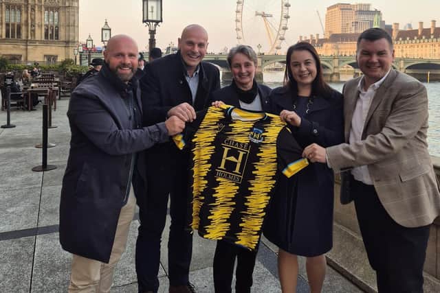 Jarrow MP Kate Osborne, centre, with Minister for Sport Stephanie Peacock and representatives from Hebburn FC at Parliament.