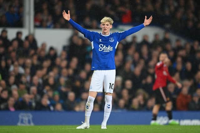 Anthony Gordon of Everton reacts during the Premier League match between Everton FC and Manchester United at Goodison Park on October 09, 2022 in Liverpool, England. (Photo by Michael Regan/Getty Images)