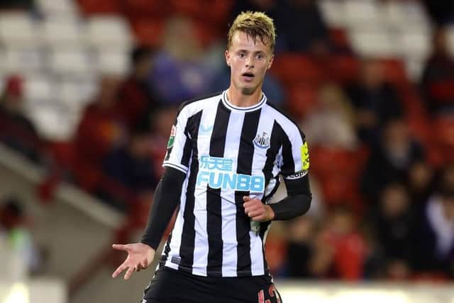 Niall Brookwell of Newcastle United U21 reacts during the Papa John's Trophy match between Barnsley and Newcastle United U21 at Oakwell Stadium on September 20, 2022 in Barnsley, England. (Photo by George Wood/Getty Images)