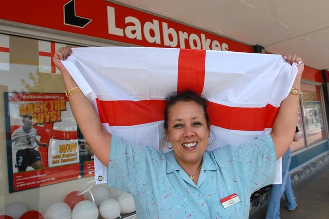 Christine Dillon was ready to cheer on England at Ladbrokes in 2006.