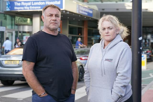 Archie's parents Paul Battersbee and Hollie Dance, speak to the media outside the Royal London Hospital in Whitechapel on Wednesday, August 3. Picture: PA.