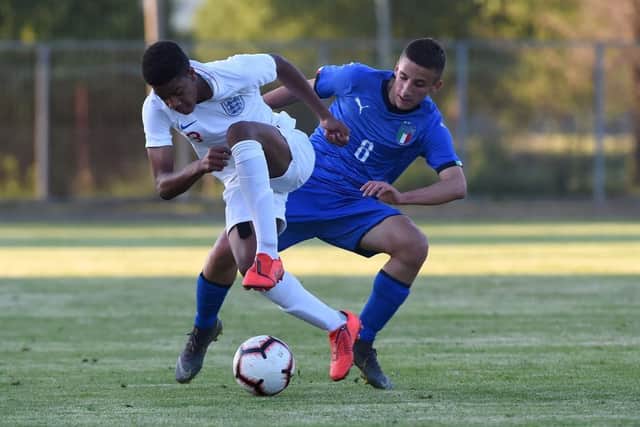 Jordan Hackett of England U15 competes for the ball with Riccardo Pagano of Italy U15 during the match Italy v England U15 of the Nations Tournamnent on April 27, 2019 in Gradisca d'Isonzo, Italy.  (Photo by Pier Marco Tacca/Getty Images)