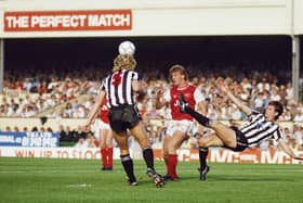 LONDON, UNITED KINGDOM - SEPTEMBER 28:  Jeff Clarke (l) and Glenn Roeder (r) combine to thwart Tommy Caton of Arsenal during a First Division match at Highbury on September 28, 1985 in London, England.  (Photo by David Cannon/Allsport/Getty Images)