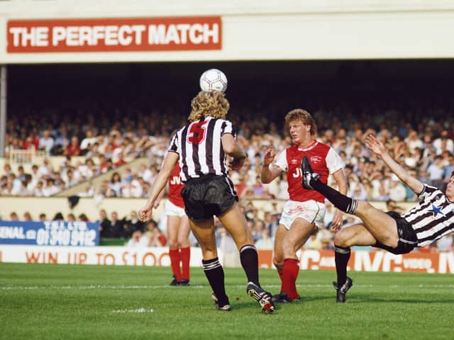 LONDON, UNITED KINGDOM - SEPTEMBER 28:  Jeff Clarke (l) and Glenn Roeder (r) combine to thwart Tommy Caton of Arsenal during a First Division match at Highbury on September 28, 1985 in London, England.  (Photo by David Cannon/Allsport/Getty Images)