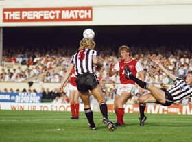 LONDON, UNITED KINGDOM - SEPTEMBER 28:  Jeff Clarke (l) and Glenn Roeder (r) combine to thwart Tommy Caton of Arsenal during a First Division match at Highbury on September 28, 1985 in London, England.  (Photo by David Cannon/Allsport/Getty Images)