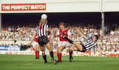 LONDON, UNITED KINGDOM - SEPTEMBER 28:  Jeff Clarke (l) and Glenn Roeder (r) combine to thwart Tommy Caton of Arsenal during a First Division match at Highbury on September 28, 1985 in London, England.  (Photo by David Cannon/Allsport/Getty Images)