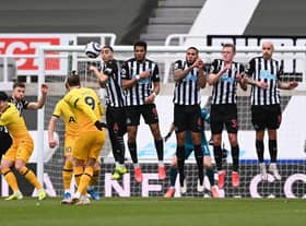 Gareth Bale taking a free-kick against Newcastle United (Photo by Stu Forster/Getty Images)