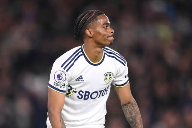 LEEDS, ENGLAND - APRIL 04: Leeds player Crysencio Summerville reacts during the Premier League match between Leeds United and Nottingham Forest at Elland Road on April 04, 2023 in Leeds, England. (Photo by Stu Forster/Getty Images)