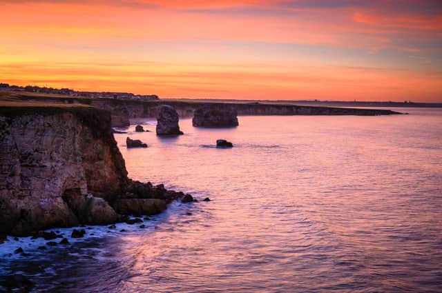 Marsden Bay is located near South Shields, consisting of a sandy beach enclosed by Magnesian Limestone Cliffs and sea stacks