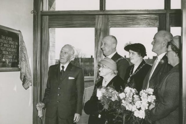 Opening of Brierton School in 1958 with Lord Lawson (Lord Lieutenant of Co.Durham) on the left and Mayor Tom Breward and his wife. Photo: Hartlepool Museum Service.