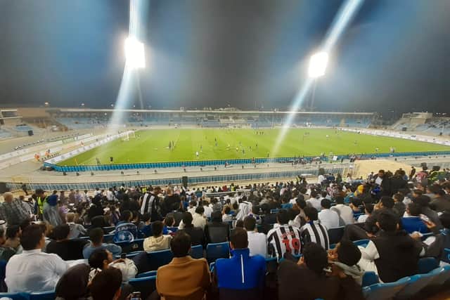 Fans gather at the Prince Faisal bin Fahd Stadium to watch Al Hilal take on Newcastle United in Riyadh, Saudi Arabia.