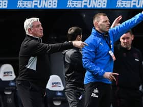 Newcastle United's English head coach Steve Bruce (L) gestures during the English Premier League football match between Newcastle United and West Ham United at St James' Park in Newcastle-upon-Tyne, north east England on April 17, 2021.