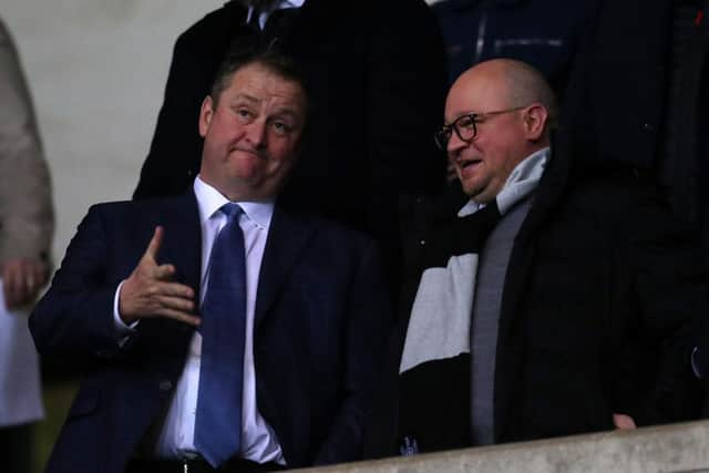 OXFORD, ENGLAND - FEBRUARY 04: Mike Ashley owner of Newcastle United talks to managing Directory Lee Charnley ahead of the FA Cup Fourth Round Replay match between Oxford United and Newcastle United at Kassam Stadium on February 04, 2020 in Oxford, England. (Photo by Catherine Ivill/Getty Images)