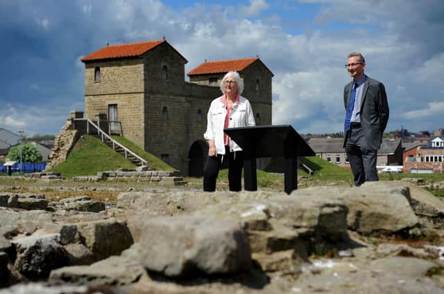 South Tyneside Council Cllr Joan Atkinson with Tyne and Wear Museum's Geoff Woodward at Arbeia Roman Fort, South Shields, marking English Tourism Week.