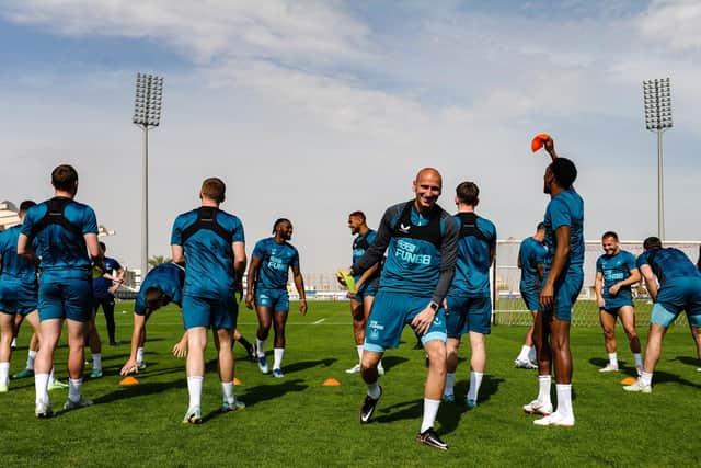 Former Newcastle United midfielder Jonjo Shelvey and his team-mates training during a warm weather training camp in January 2022 in Riyadh, Saudi Arabia.