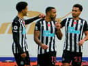 Newcastle United's English striker Callum Wilson (C) celebrates scoring the opening goal from the penalty spot during the English Premier League football match between Newcastle United and Everton at St James' Park in Newcastle-upon-Tyne, north east England on November 1, 2020.