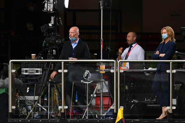 WATFORD, ENGLAND - JULY 11: Alan Shearer, Ex-Newcastle United player Alan Shearer looks on from the TV area in the stands prior to the Premier League match between Watford FC and Newcastle United at Vicarage Road on July 11, 2020 in Watford, England.