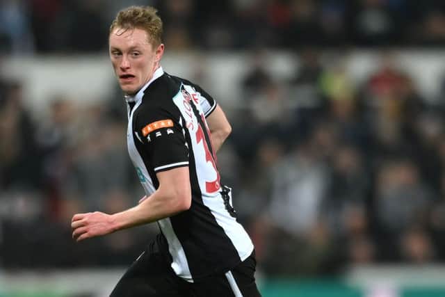 Newcastle player Sean Longstaff in action during the Premier League match between Newcastle United  and  Manchester United at St. James Park on December 27, 2021 in Newcastle upon Tyne, England. (Photo by Stu Forster/Getty Images)