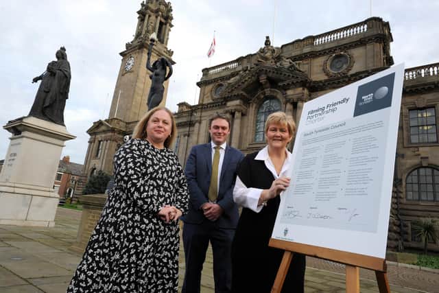 South Tyneside Council Leader Cllr Tracey Dixon and Chief Executive sign the Filming Friendly Charter with North East Screen's Chief Executive Alison Gwynn.