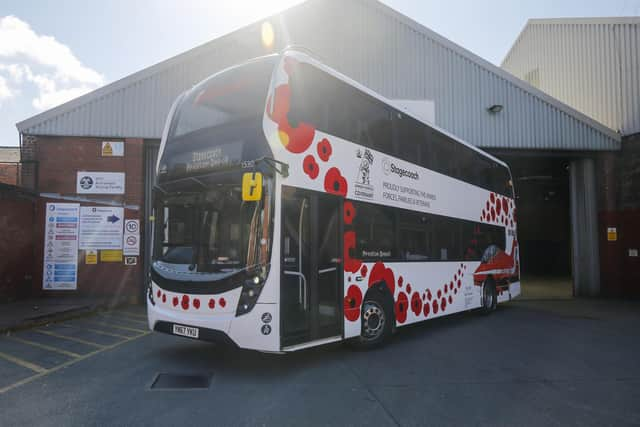 One of the Stagecoach buses decorated with poppies.