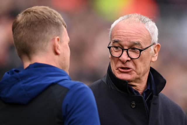 Claudio Ranieri, Manager of Watford FC talks to Eddie Howe, Manager of Newcastle United prior to the Premier League match between Newcastle United and Watford at St. James Park on January 15, 2022 in Newcastle upon Tyne, England. (Photo by Stu Forster/Getty Images)