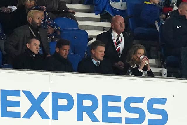 Eddie Howe with Newcastle United co-owner Amanda Staveley at the Amex Stadium.