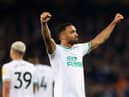 Callum Wilson of Newcastle United celebrates after scoring the team's third goal during the Premier League match between Everton FC and Newcastle United at Goodison Park on April 27, 2023 in Liverpool, England. (Photo by Alex Livesey/Getty Images)